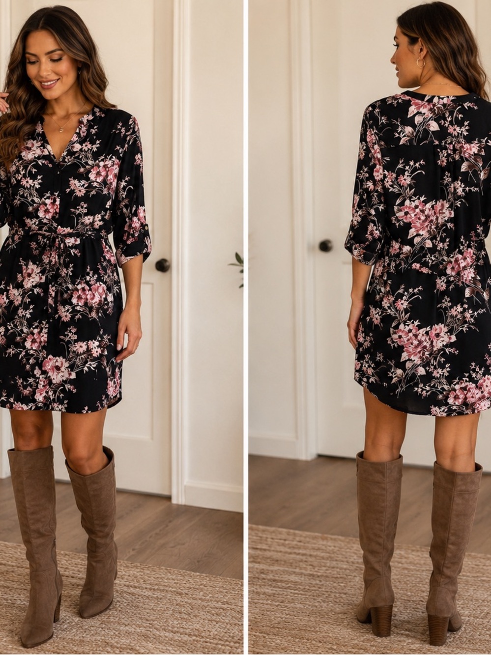41 Hawthorn Floral V-Neck Tie-Waist Dress in Black and Pink